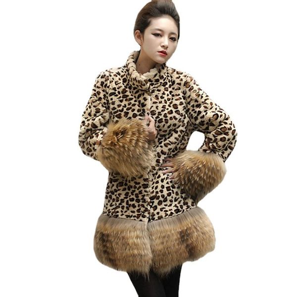 

women's fur & faux trodeam 2021 coats for winter leopard print stitching raccoon mid-length coat, Black