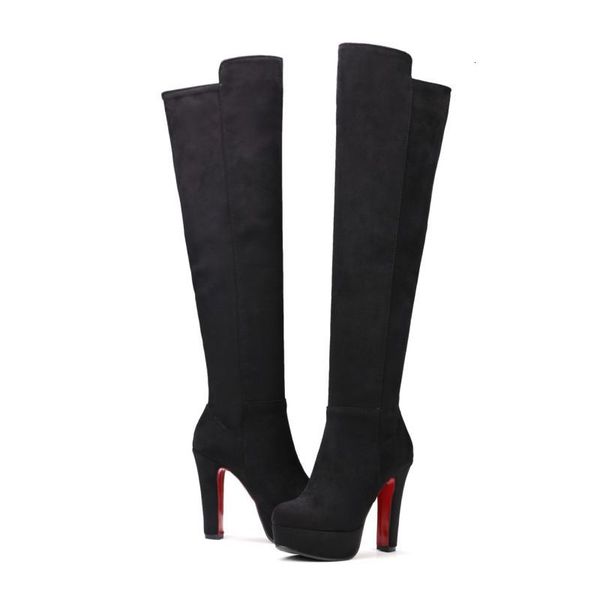 

boots faux suede over knee women round toe platform side zip footwear for female super high heel winter fashion wedding shoes1 542n, Black