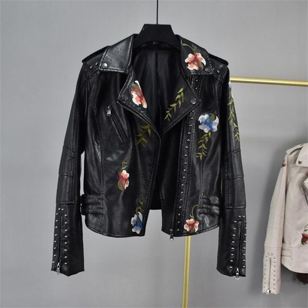 

women's leather & faux dress 2021 spring suit collar embroidery rivet waist short wash pu jacket fashion, Black