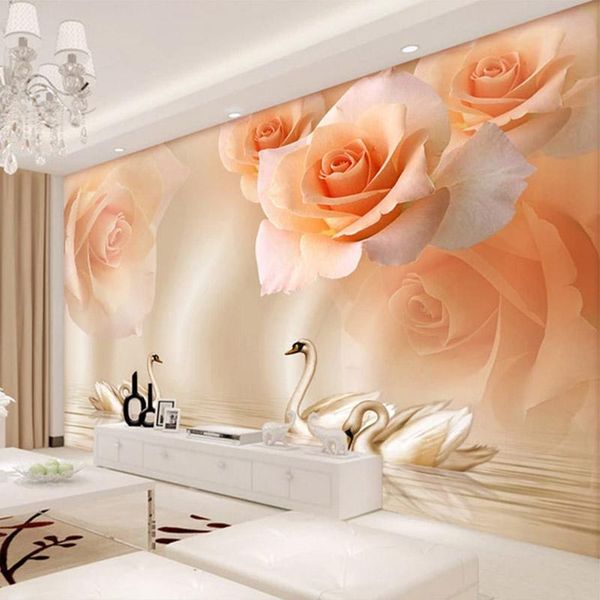

wallpapers european style 3d stereo yellow rose swan po murals wallpaper living room tv sofa home decor wall cloth waterproof paper