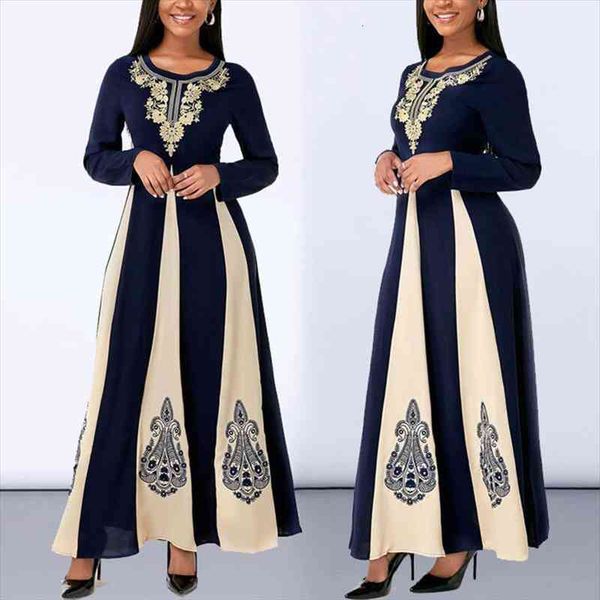 

missjoy womens elegant muslim abaya long sleeve islamic patchwork printed round neck party autumn ankle long maxi dress, Black;gray