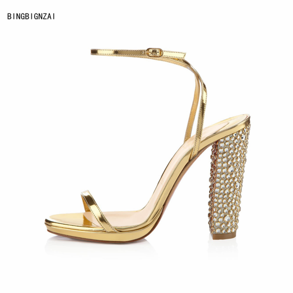 

dress shoes bbzai 2021 pattern summer ms banquet sandals 11cm thin heels rhinestones women's fashion show 3-12, Black