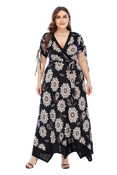 

casual dresses 4xl 5xl plus size women clothing 2021 summer v neck short sleeve geometric print causal dress maxi long, Black;gray