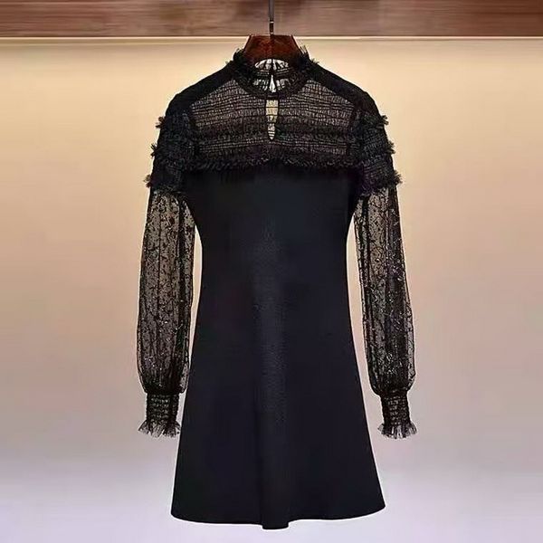 

dresses knitted spring autumn women tulle lace patchwork long sleeve casual black sweater pullover, Black;gray