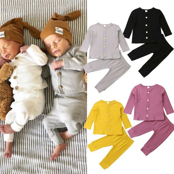 

clothing sets 0-24m autumn baby boy girl clothes ribbed solid color long sleeve button v neck + pant leisure wear, White