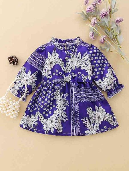 

baby floral print flounce sleeve belted satin dress she, Red;yellow