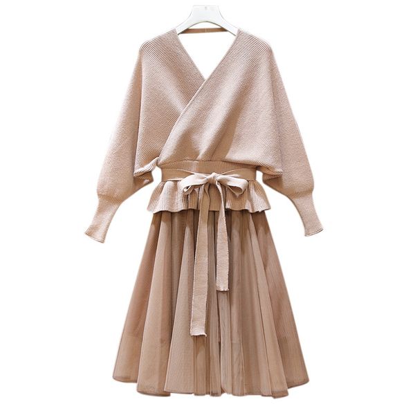 

factorye8yr fashion spring 2020 and new women's clothing early autumn popular long sleeve knitted dress two piece suit wit, Black;gray