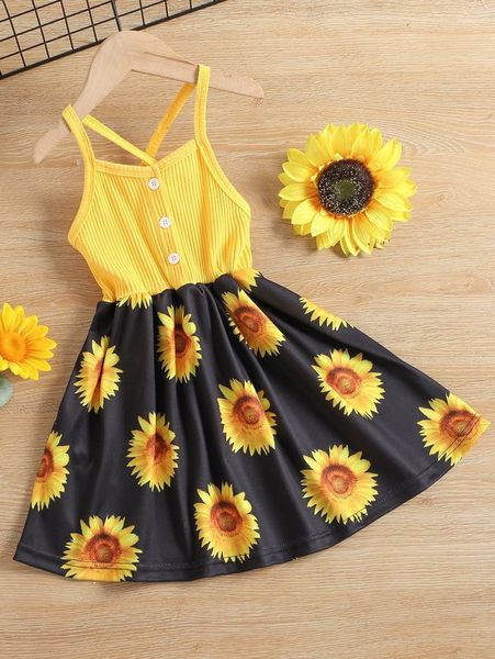 

toddler girls sunflower print fake button cami dress she, Red;yellow