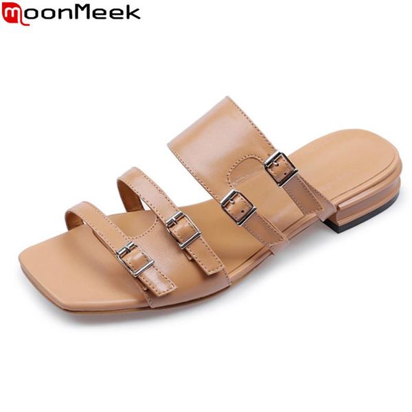 

slippers moonmeek 2021 arrival summer women genuine leather comfortable ladies shoes buckle mules, Black