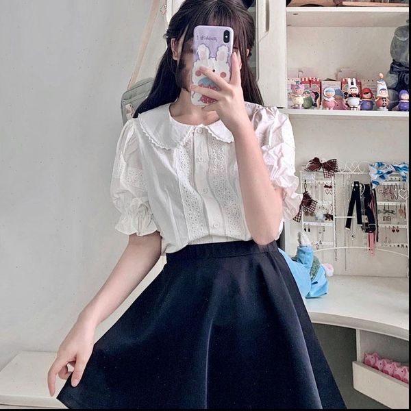 

summer japanese lolita style womens blouses short peter pan collar white apricot cute kawaii blouse hollow out cotton sweet blusas