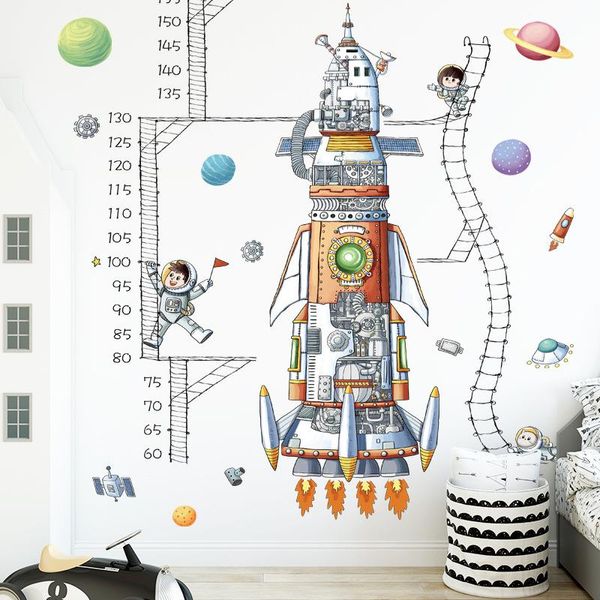 Adesivi murali BRUP Cartoon Space Rocket Righello per misurare l'altezza per la camera dei bambini Adesivi per decorazioni per la scuola materna Decalcomanie in PVC fai da te