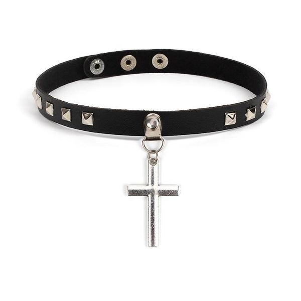 

black leather cross choker necklace women female hip hop rock punk jewelry rivet harajuku statement girls gift chokers, Golden;silver