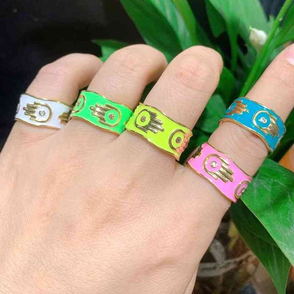 10 Stücke 2021 Trendy Vergoldet Bunte Emaille Regenbogen Hamsa Hand Breites Band Offene Ringe Hip Hop Persönlichkeit Schmuck