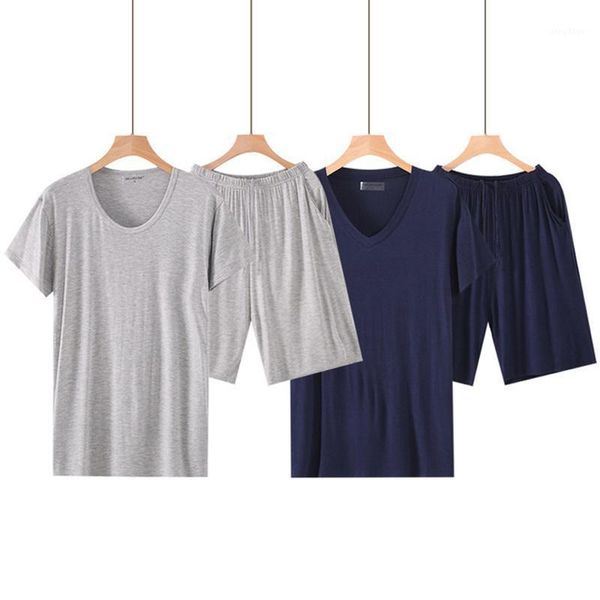 

men's sleepwear summer modal short sleeved pajamas sets male pajama set solid thin for men suit homewear plus size l-6xl, Black;brown