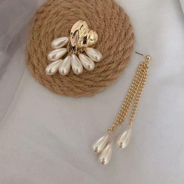 

stud ch-921 south korea's personality drop pearl string tassel golden love asymmetric exaggerated long earrings, Golden;silver