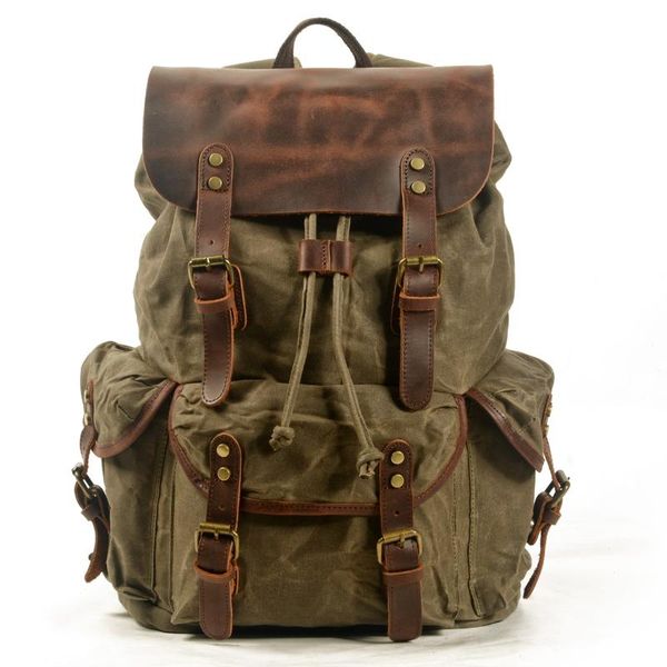 

backpack cotton oil wax canvas mens large capacity vintage waterproof 15" lap daypacks rivets bookbag
