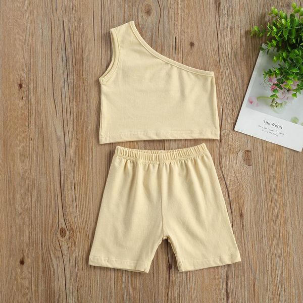 

clothing sets kids baby girls leisure fashion 2-piece sport outfit set one shoulder solid color +shorts tracksuit 2021, White