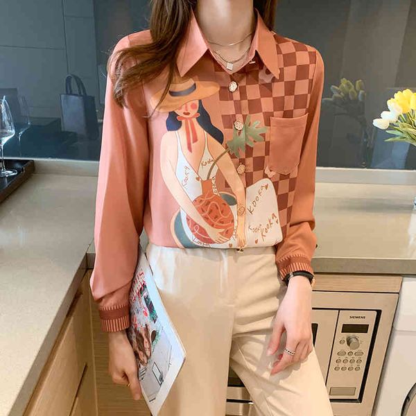 

women's blouses & shirts spring chess color matching printed suede shirt design female feel niche sleeve long gy9y, White