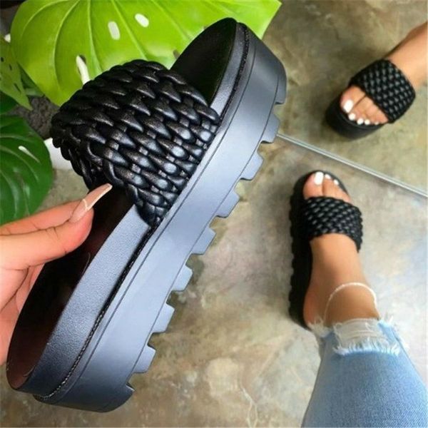 

fashion braided charm open-toe slippers sliders women's slippers women thick platforms shoes flip flops ladies slides vacation beach sa, Black