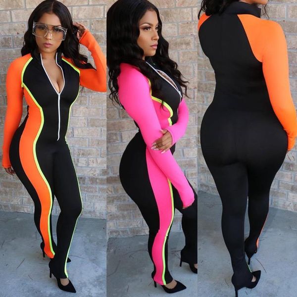 

women's jumpsuits & rompers women long sleeve zipper up splicing skinny moto biker jumpsuit casual sporting romper classic playsuit, Black;white