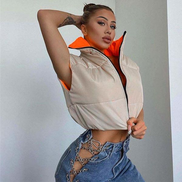 

women's jackets echoine sleeveless bomber zipper up cropped coat women puff turn-down collar winter clothes streetwear 2021, Black;brown