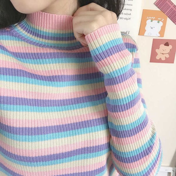 Neploe arco-íris listrado fundo de kitwear outono inverno fino curto tricotadas manga longa meia camisola suéter 56527 y0825