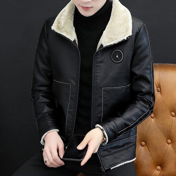 

men's jackets leather winter and velvet with thick soft pu jacket sent to overcome coat male lambs wool warm, Black;brown