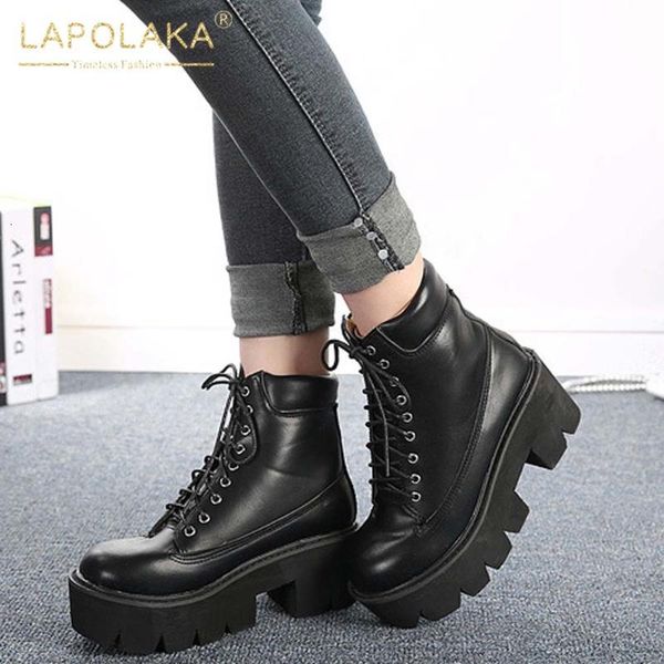 

boots lapolaka design 2021 office work women shoes skidproof comfy shoelaces trendy cross-tied autumn winter ladies qscw, Black