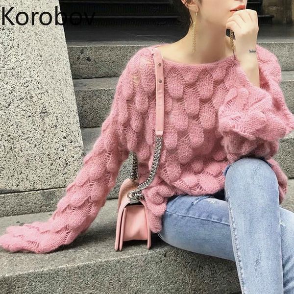 

women's sweaters korobov korean thin women knitted long sleeve o neck vintage sueter mujer hollow out loose casual jumper 78257, White;black