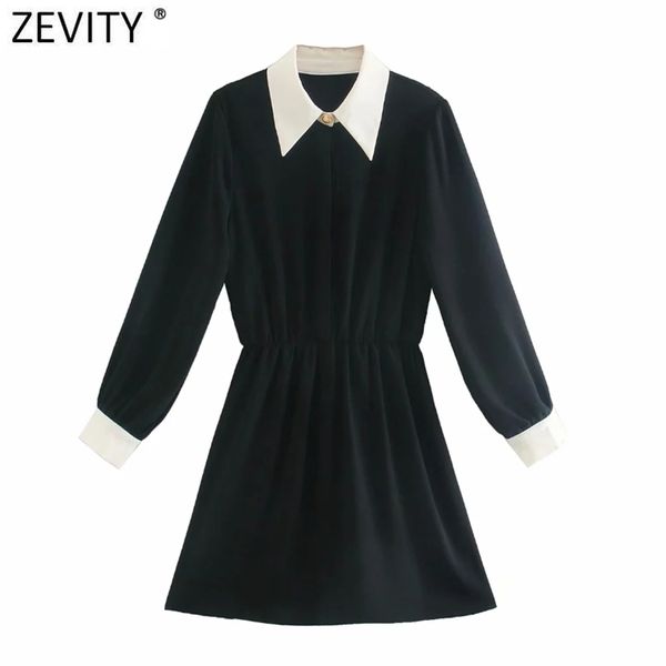 Moda donna colletto bianco patchwork mini abito nero ufficio donna manica lunga bottoni chic business vestido DS4732 210420
