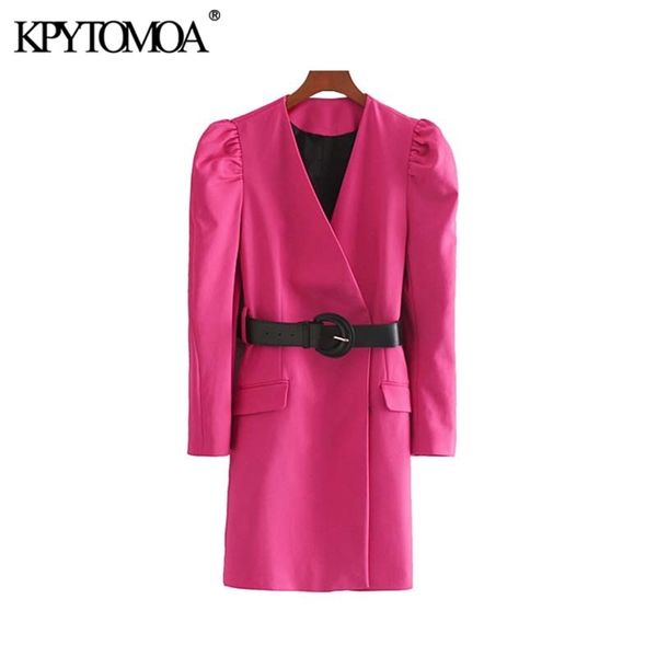 

vintage stylish office wear with belt mini dress women fashion v neck puff sleeve female dresses vestidos mujer 210420, Black;gray