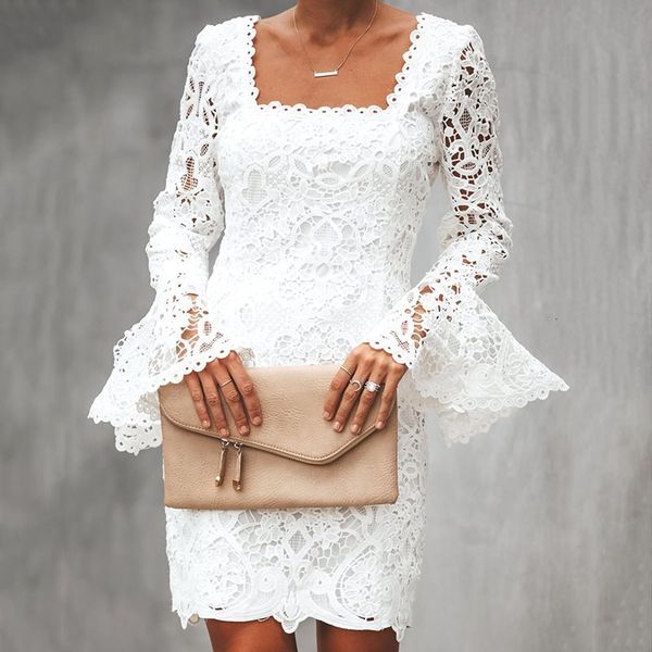 

summer white simple boho travel beach women mini dresses bodycon flare sleeve plain party sweet backless lace dress, Black;gray