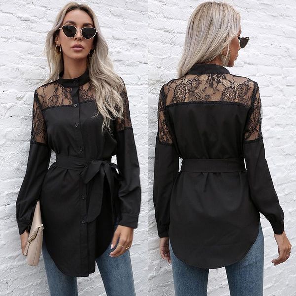 

women's blouses & shirts fashion 2021 spring long blouse women street style casual lace patchwork solid shirt o-neck sleeve for, White