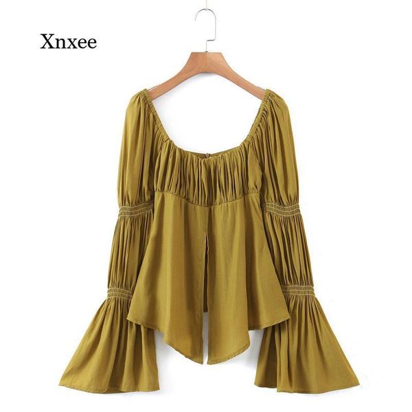 

women's blouses & shirts square collar split 2021 elasticpleated ruched sheep leg long flare sleeve women tee front slit short pullover, White