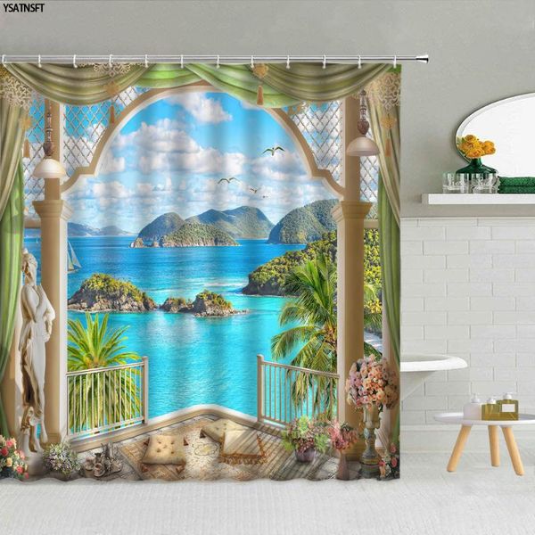 

shower curtains 3d ocean landscape mountain flower curtain plant waterfall wooden bridge scenery bathroom supplies fabric decor