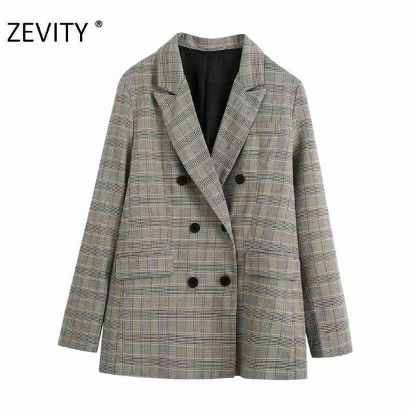 

zevity women chic plaid printing leisure blazer coat ladies long sleeve double breasted casual slim outwear suits ct585 210419, White;black