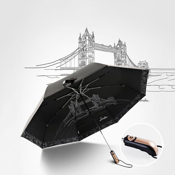 

umbrellas automatic umbrella black coating three folding art women outdoor travel anti-uv parasols sunny and rainy sunshade