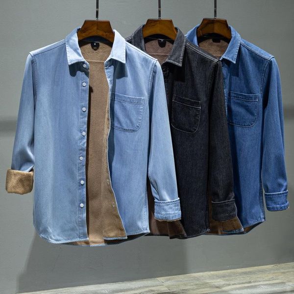 Camicie casual da uomo 2021 camicia di jeans in pile spesso caldo invernale design alla moda pullover in tinta unita comodi jeans da uomo abbigliamento XXXL