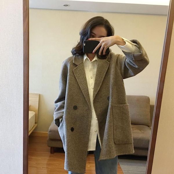 

women's jackets self made double faced cashmere simple row button herringbone wool coat autumn and winter short, Black;brown
