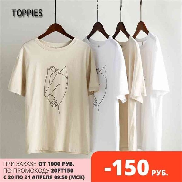 Verão T-Cachas Mulheres Meninas Impressão Abstrato t - shirts Casual Manga Curta 100% Algodão Tops Tees 210421