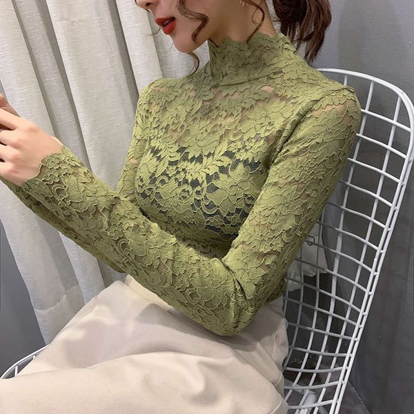

women's sweaters sweater autumn winter high collar hollowed out lace bottomed shirt with long sleeves and thin foreign style transparen, White;black