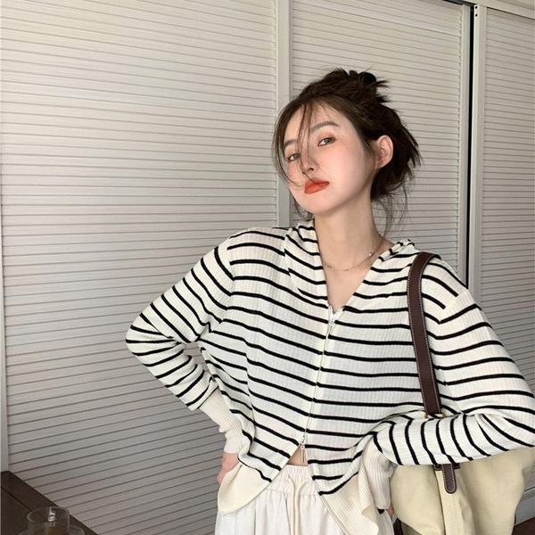 

women's knits & tees casual loose autumn cardigan women zipper spring knitted striped fall 2021 clothing sweaters hooded fashion, White