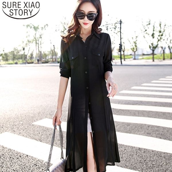 

female sleeve summer shirt chiffon blouse casual women black white red green long cardigan 3552 50 210417