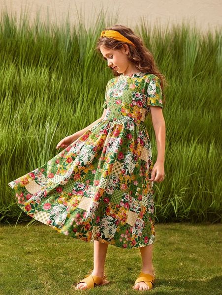 

girls floral flared hem dress she, Red;yellow