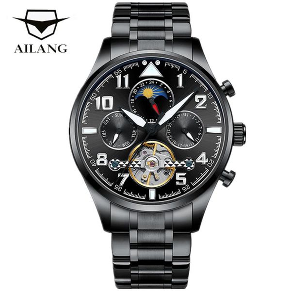 

wristwatches ailang tourbillon mechanical watch men brand skeleton full-steel moon phase automatic watches waterproof montre homme, Slivery;brown