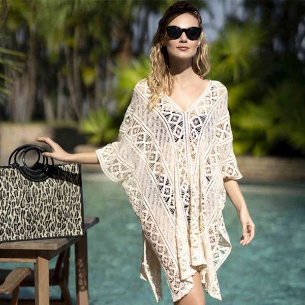 Sexy Branco Crochet Biquíni Cover-Ups Glamorous Hollow Out Tops de Verão Plus Size Mulheres Praia Desgaste Nadar Terno Cobertura Up Q1249 210420