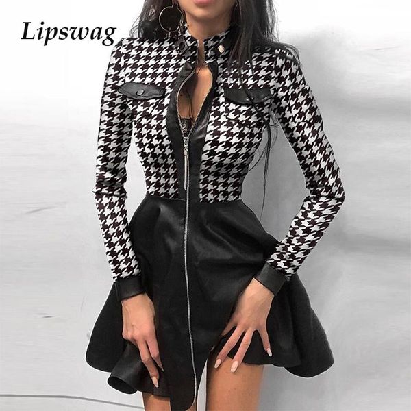 

autumn vintage women pu leather dress lace patchwork mini party dresses elegant ladies stand neck zipper vestido casual, Black;gray