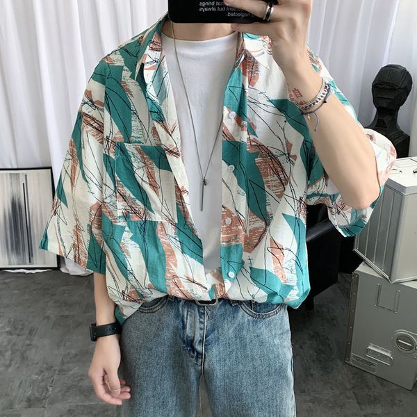 

men's casual shirts short-sleeve loose hawaiian shirt camisa masculina french cuff mens fashion streetwear green/violet -2xl kga0, White;black