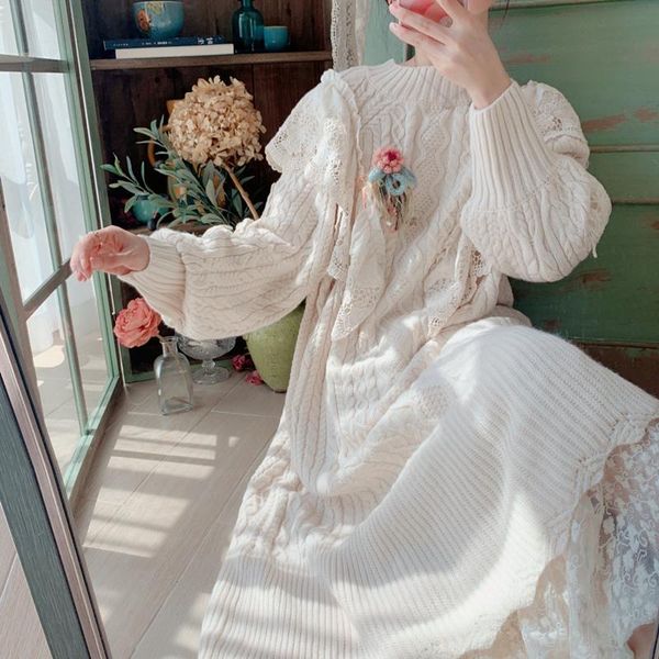 

casual dresses mori girl french lady prairie chic cottage style lanternsleeve lace crochet loose waist pullover thick knit dress women vesti, Black;gray