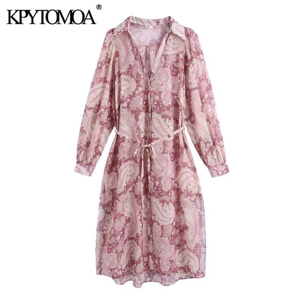 

women chic fashion with belt paisley print chiffon midi dress vintage long sleeve side vents female dresses mujer 210421, Black;gray